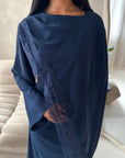 Layali Navy Lace Trim Detail Asymmetrical Cape Dress
