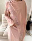 Layali Pink Lace Trim Detail Asymmetrical Cape Dress