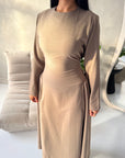 Marnia Mocha A Line Tie Back Side Gather Dress