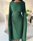 Sisi Emerald Green Pearl Detail Cape Sleeve Tie Back Dress