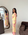 Daniyah Yellow Floral Cape Mesh Tie Back Summer Dress