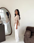Daniyah Beige Batwing Sleeveless Gold Button Summer Top