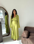 Daniyah Lime Green Side Wrap Buckle Collar Elegant Dress