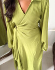 Daniyah Lime Green Side Wrap Buckle Collar Elegant Dress