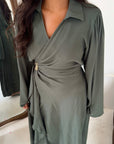 Daniyah Khaki Side Wrap Buckle Collar Elegant Dress