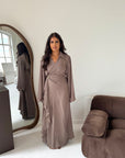 Daniyah Mocha Side Wrap Buckle Collar Elegant Dress