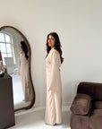 Daniyah Beige Side Wrap Buckle Collar Elegant Dress
