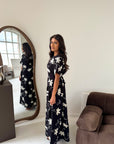 Daniyah Black Floral Embroidered Short Sleeve Summer Dress