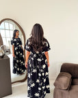 Daniyah Black Floral Embroidered Short Sleeve Summer Dress