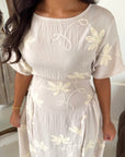 Daniyah Beige Floral Embroidered Short Sleeve Summer Dress