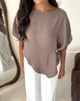 Daniyah Mocha Batwing Sleeveless Gold Button Summer Top