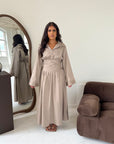Daniyah Mocha Plain Waist Tie Summer Collar Shirt Dress