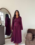 Daniyah Plum Plain Waist Tie Summer Collar Shirt Dress