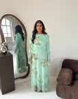 Daniyah Mint Floral Cape Mesh Tie Back Summer Dress