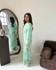 Daniyah Mint Floral Cape Mesh Tie Back Summer Dress