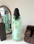 Daniyah Mint Floral Cape Mesh Tie Back Summer Dress