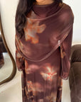 Daniyah Brown Floral Cape Mesh Tie Back Summer Dress