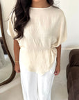 Daniyah Cream Batwing Sleeveless Gold Button Summer Top