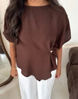 Daniyah Brown Batwing Sleeveless Gold Button Summer Top