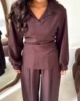 Daniyah Brown Plain Collar Neck Tie Back Trouser Co Ord Set