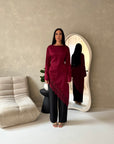 Beyi Wine Lace Assymetrical Satin Midi Dress