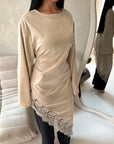 Beyi Beige Lace Assymetrical Satin Midi Dress