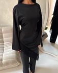 Beyi Black Lace Assymetrical Satin Midi Dress
