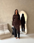 Beyi Brown Lace Assymetrical Satin Midi Dress