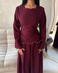 Raia Wine Pearl Detail Modest Skirt Co Ord