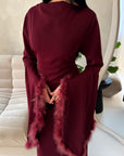 Sonya Wine Extreme Flare Fur Sleeve Tie Back Dress