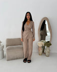 Nadia Camel Soft Wrap Gold Buckle Trouser Co Ord