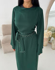Laia Emerald Green Satin Pearl Detail Belt Dress