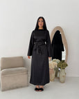 Laia Black Satin Pearl Detail Belt Dress