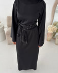 Laia Black Satin Pearl Detail Belt Dress