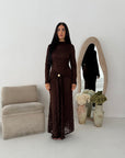 Yenvi Brown Lace Lined Gold Buckle Waist Drape Dress