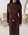 Yenvi Brown Lace Lined Gold Buckle Waist Drape Dress