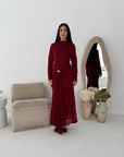 Yenvi Wine Lace Lined Gold Buckle Waist Drape Dress