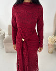 Yenvi Wine Lace Lined Gold Buckle Waist Drape Dress