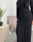 Neya Black Soft Wrap Detail Modest Dress