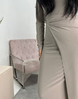 Neya Beige Soft Wrap Detail Modest Dress