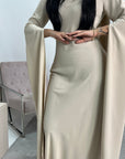 Zairia Beige Elegant Long Cape Sleeve Dress
