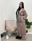 Amya Mocha Belted Collar Long Tie Cuff Coat