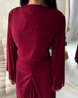 Ines Wine Soft Waist Ruched Lined Modest Dress