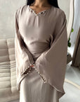 Nena Mocha Pearl Detail Tie Back Kaftan Dress