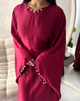 Nena Wine Pearl Detail Tie Back Kaftan Dress