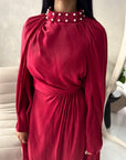 Leta Wine Pearl Choker Neck Modest Cape Dress