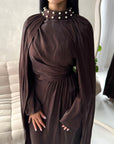 Leta Brown Pearl Choker Neck Modest Cape Dress