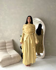 Lina Gold Elegant Shoulder Cape Frill Dress