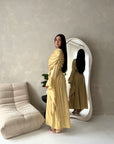 Lina Gold Elegant Shoulder Cape Frill Dress