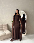 Zel Brown Off Shoulder Mesh Cape Premium Elegant Dress